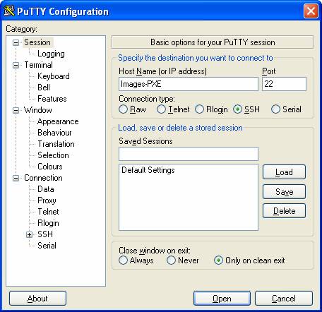 Écran de connexion Putty